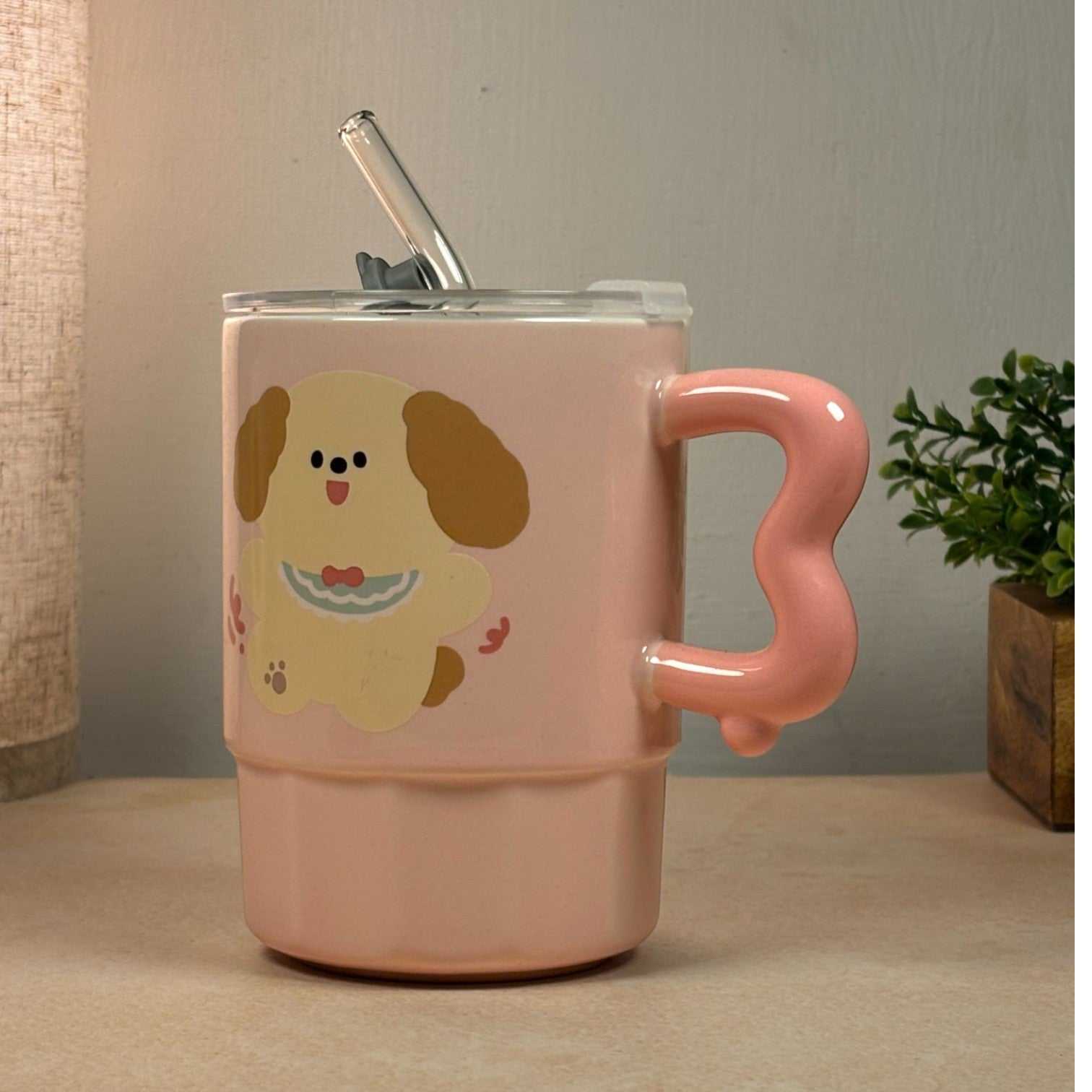 Multipurpose Pink Puppy Ceramic Tumbler (With Straw and Lid)