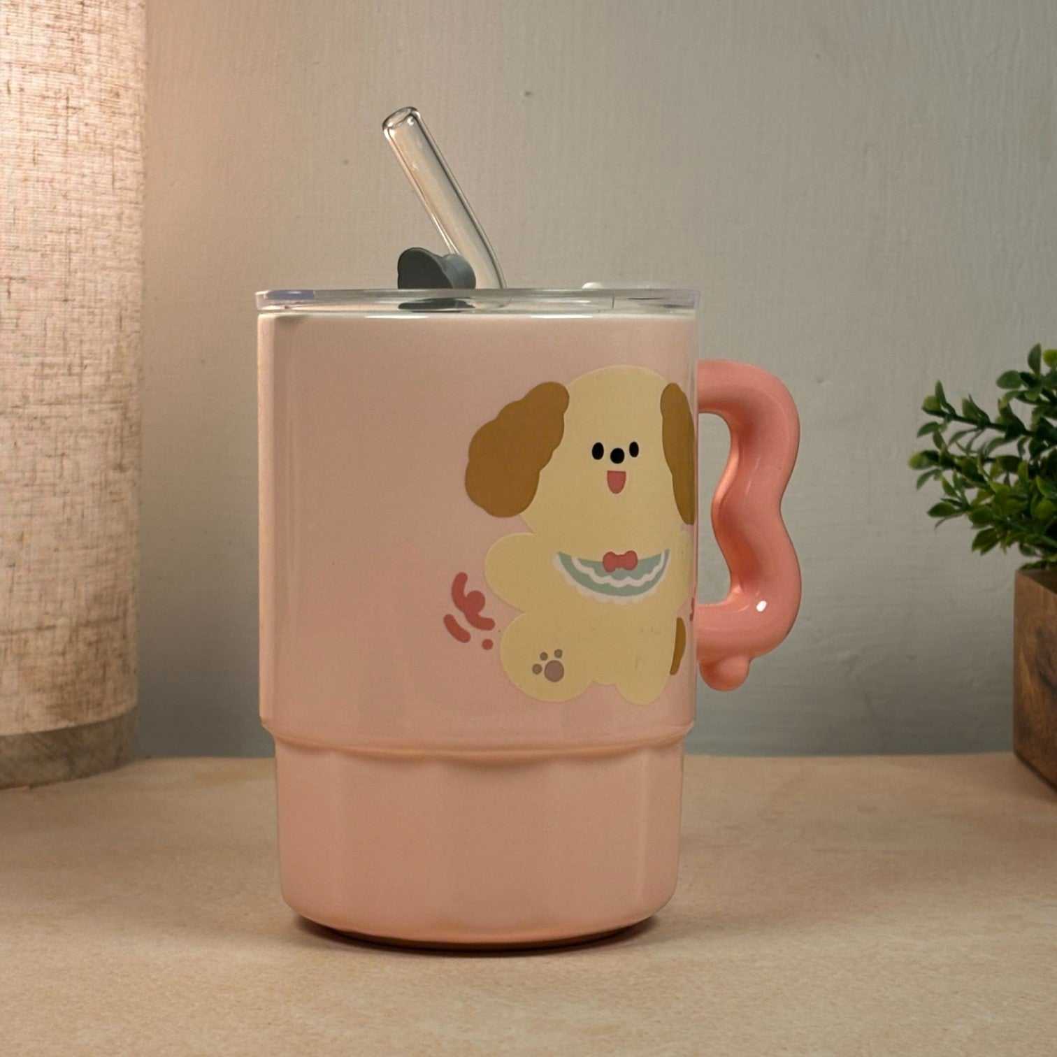 Multipurpose Pink Puppy Ceramic Tumbler (With Straw and Lid)