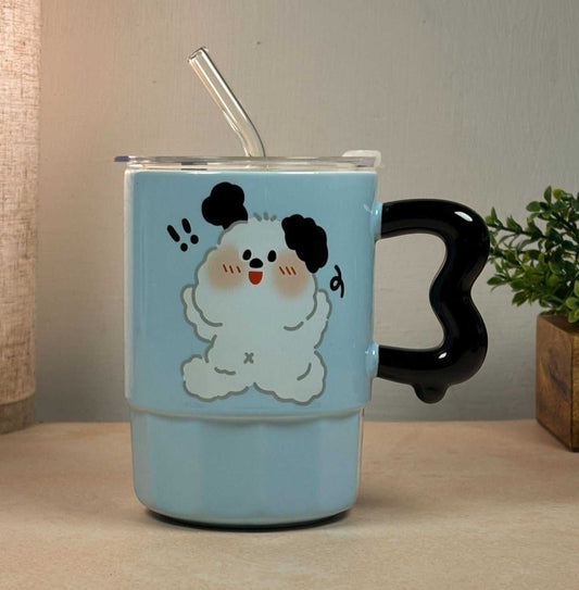 Multipurpose Blue Puppy Ceramic Tumbler (With Straw and Lid)
