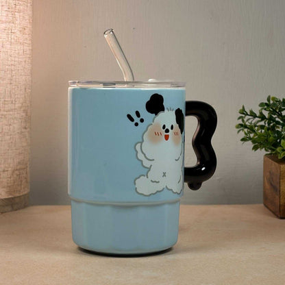 Multipurpose Blue Puppy Ceramic Tumbler (With Straw and Lid)