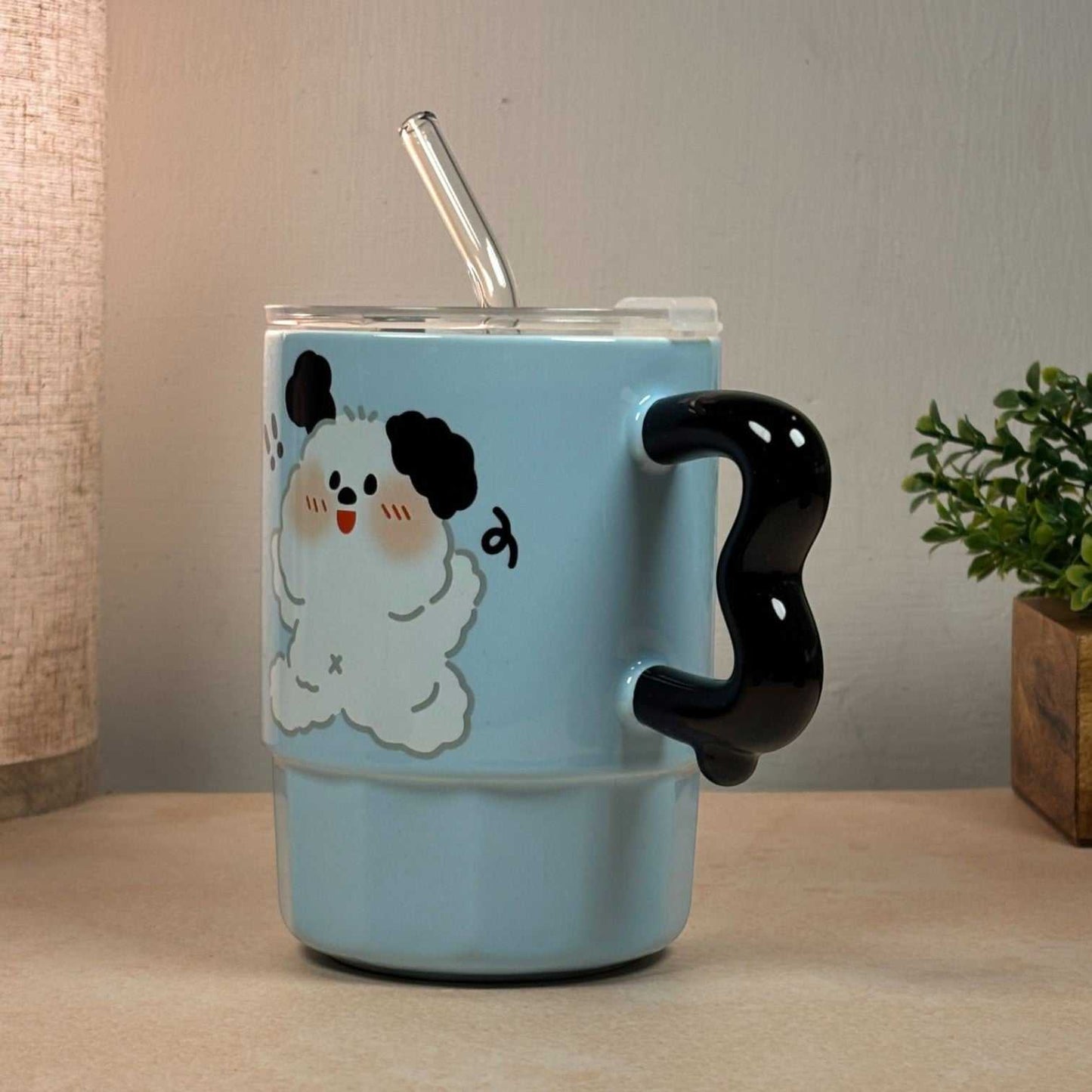 Multipurpose Blue Puppy Ceramic Tumbler (With Straw and Lid)