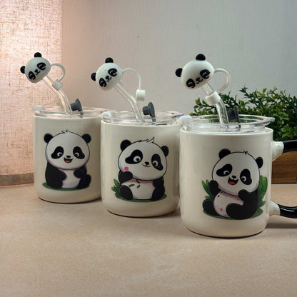 Multipurpose Panda Mini Ceramic Tumbler (With Straw, Straw Cover and Lid)