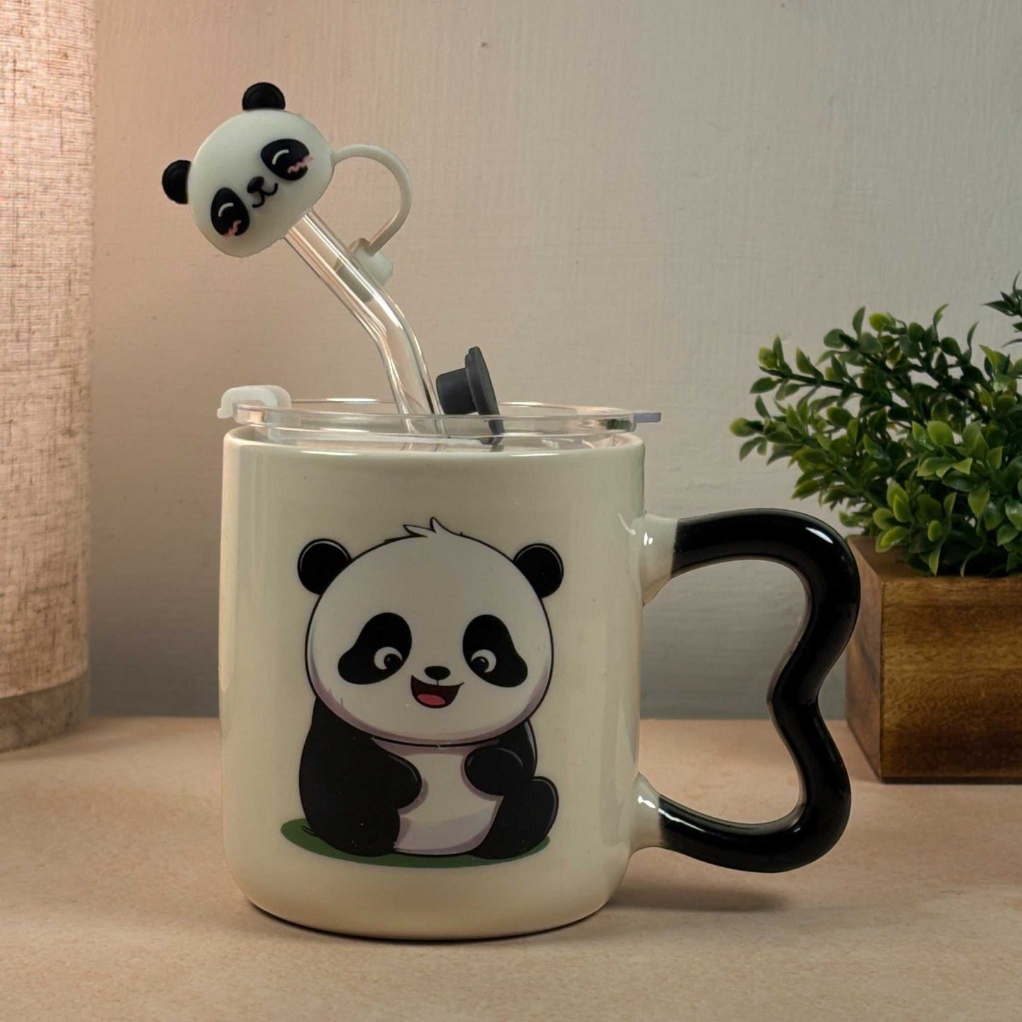 Multipurpose Panda Mini Ceramic Tumbler (With Straw, Straw Cover and Lid)