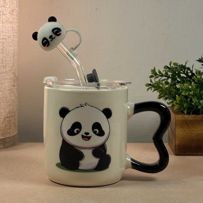 Multipurpose Panda Mini Ceramic Tumbler (With Straw, Straw Cover and Lid)