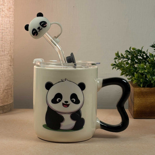 Multipurpose Panda Mini Ceramic Tumbler (With Straw, Straw Cover and Lid)