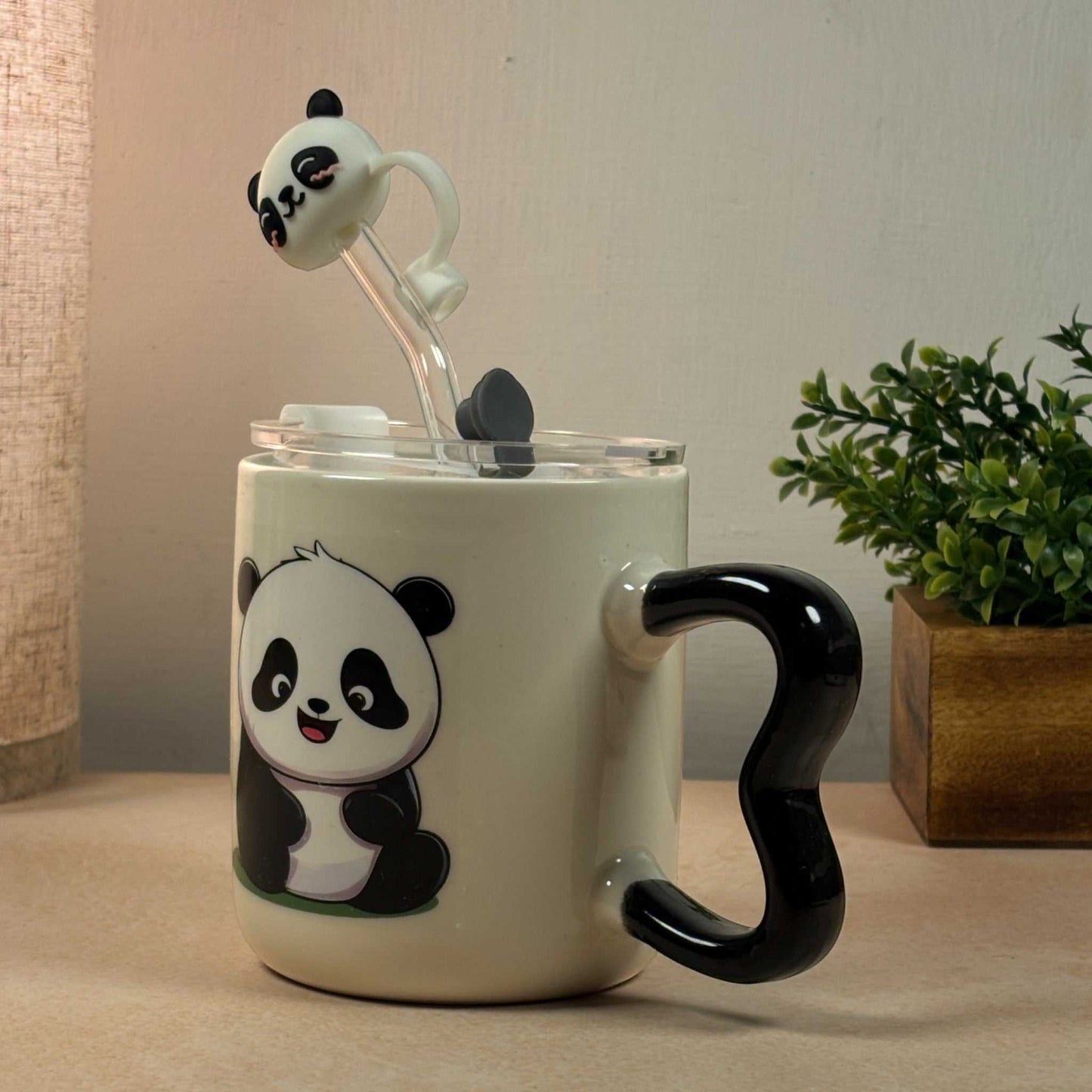 Multipurpose Panda Mini Ceramic Tumbler (With Straw, Straw Cover and Lid)