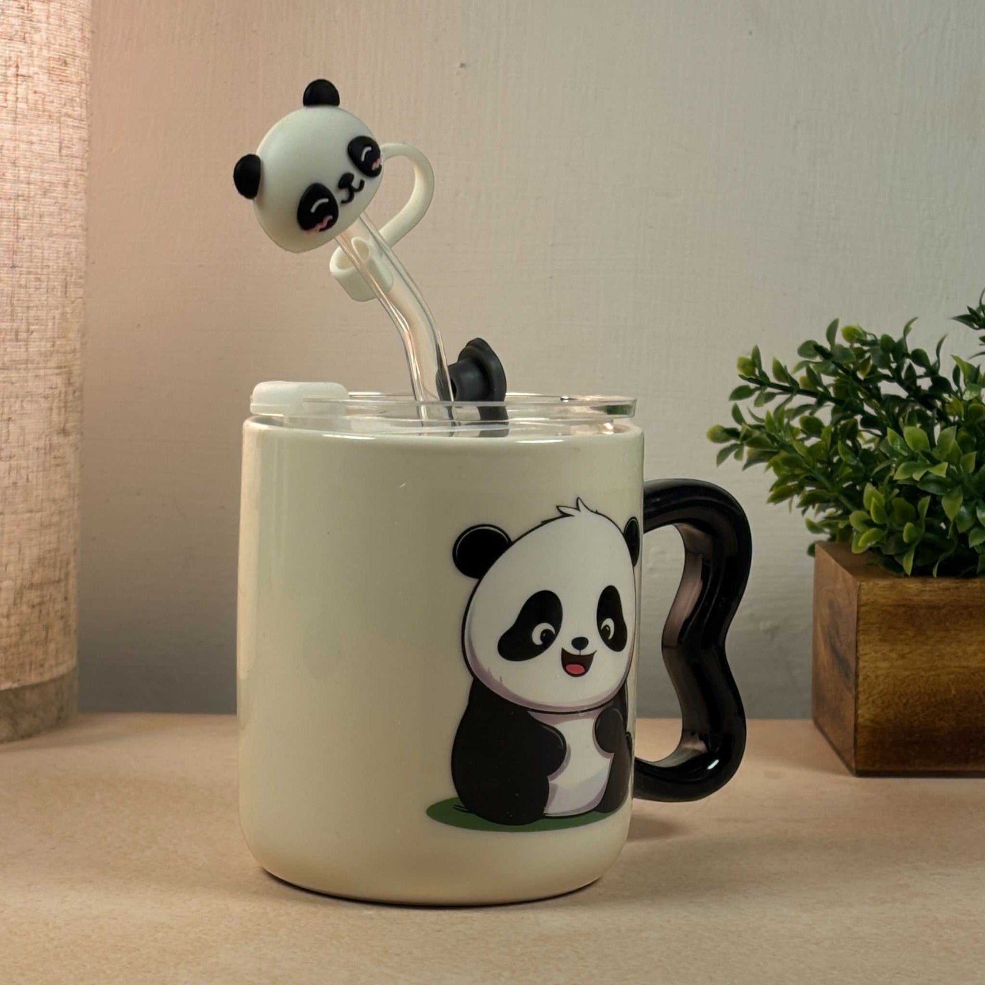 Multipurpose Panda Mini Ceramic Tumbler (With Straw, Straw Cover and Lid)