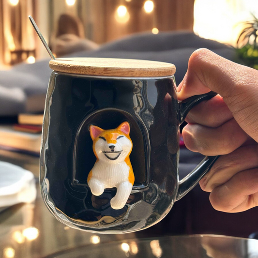 Midnight Shiba Ceramic Cup (With Spoon and Lid)