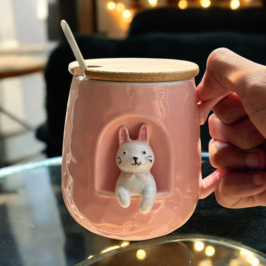 Bunny Bliss Ceramic Cup (With Spoon and Lid)