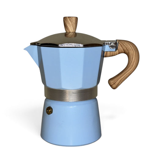 Moka Pot with Elegant Wooden Texture Handle (150ml / 3 Cup) - Blue