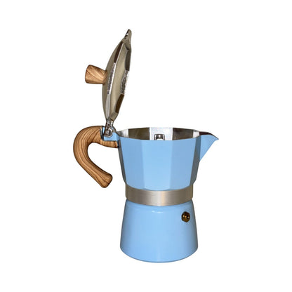 Moka Pot with Elegant Wooden Texture Handle (150ml / 3 Cup) - Blue