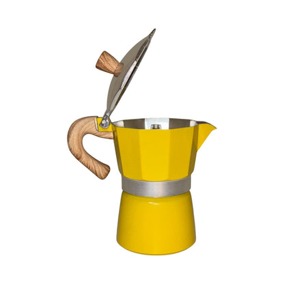 Moka Pot with Elegant Wooden Texture Handle (150ml / 3 Cup) - Yellow