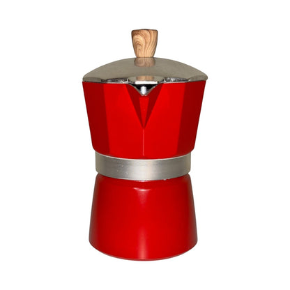 Moka Pot with Elegant Wooden Texture  Handle (150ml / 3 Cup) - Red