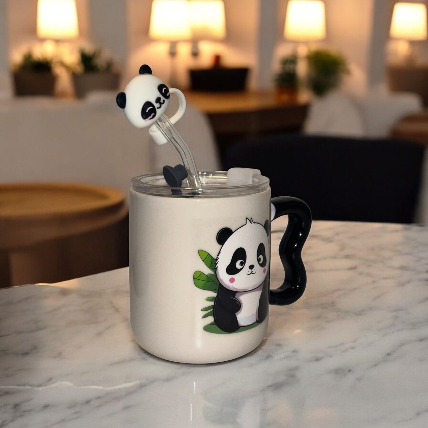 Multipurpose Panda Mini Ceramic Tumbler (With Straw, Straw Cover and Lid)