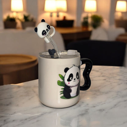 Multipurpose Panda Mini Ceramic Tumbler (With Straw, Straw Cover and Lid)