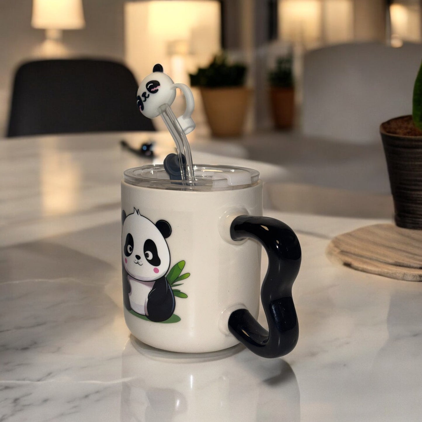 Multipurpose Panda Mini Ceramic Tumbler (With Straw, Straw Cover and Lid)