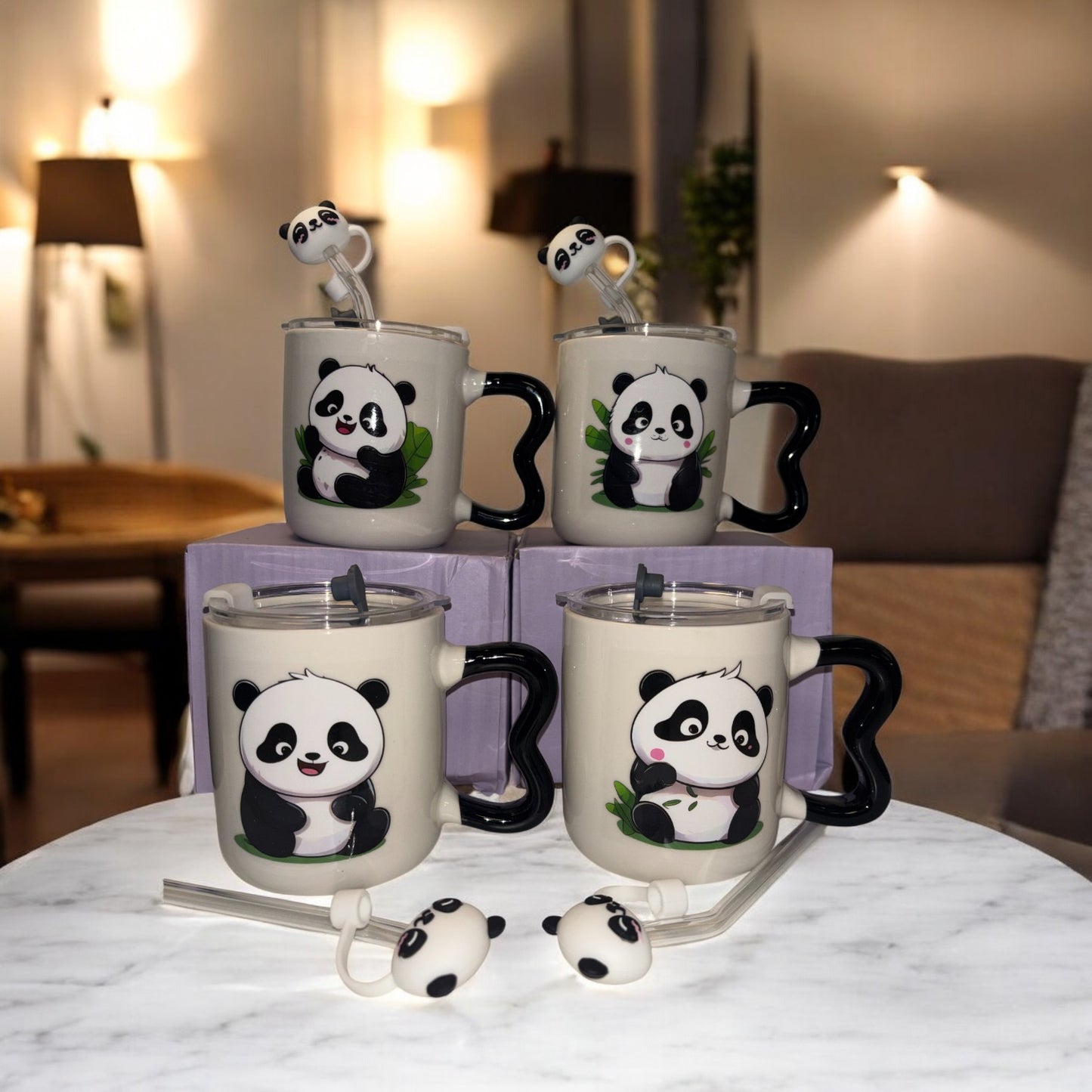 Multipurpose Panda Mini Ceramic Tumbler (With Straw, Straw Cover and Lid)