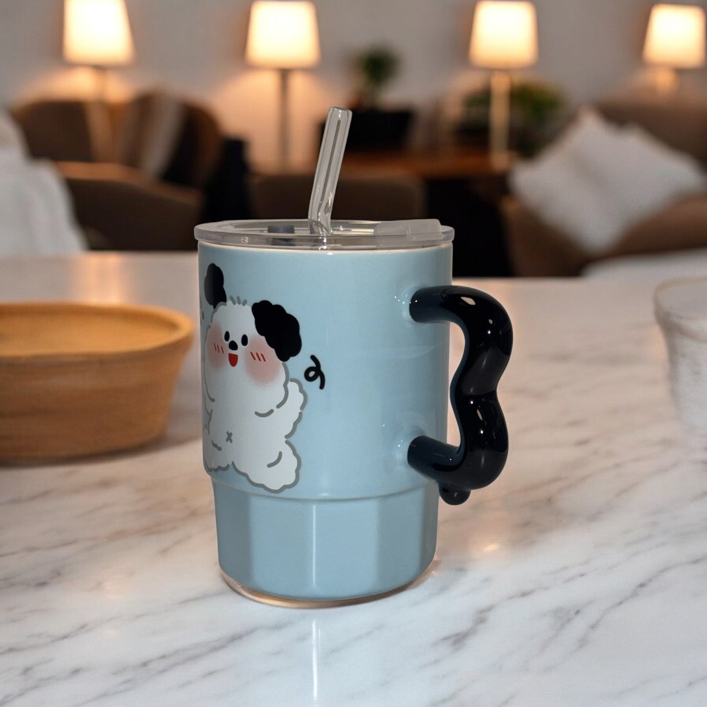 Multipurpose Blue Puppy Ceramic Tumbler (With Straw and Lid)