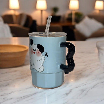 Multipurpose Blue Puppy Ceramic Tumbler (With Straw and Lid)