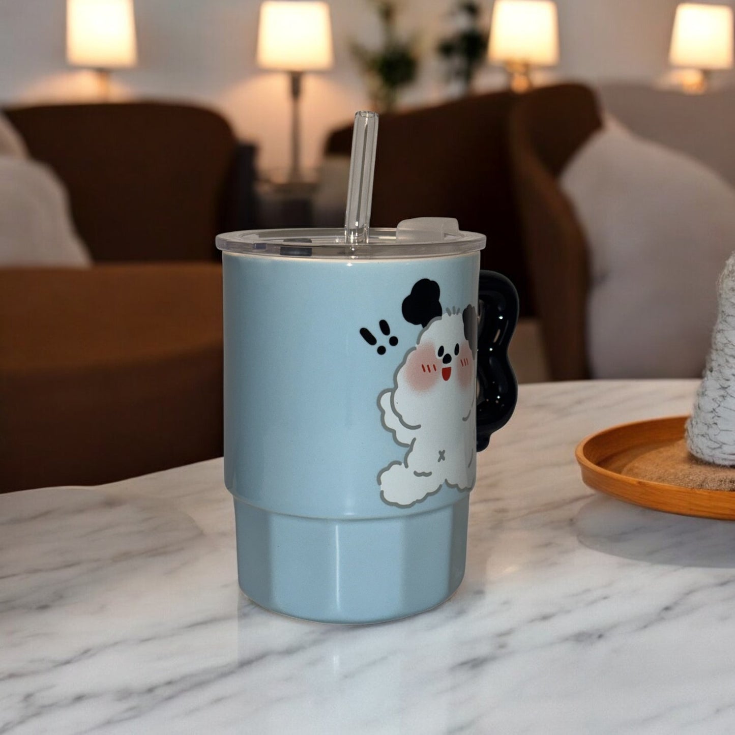 Multipurpose Blue Puppy Ceramic Tumbler (With Straw and Lid)