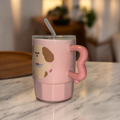 Multipurpose Pink Puppy Ceramic Tumbler (With Straw and Lid)
