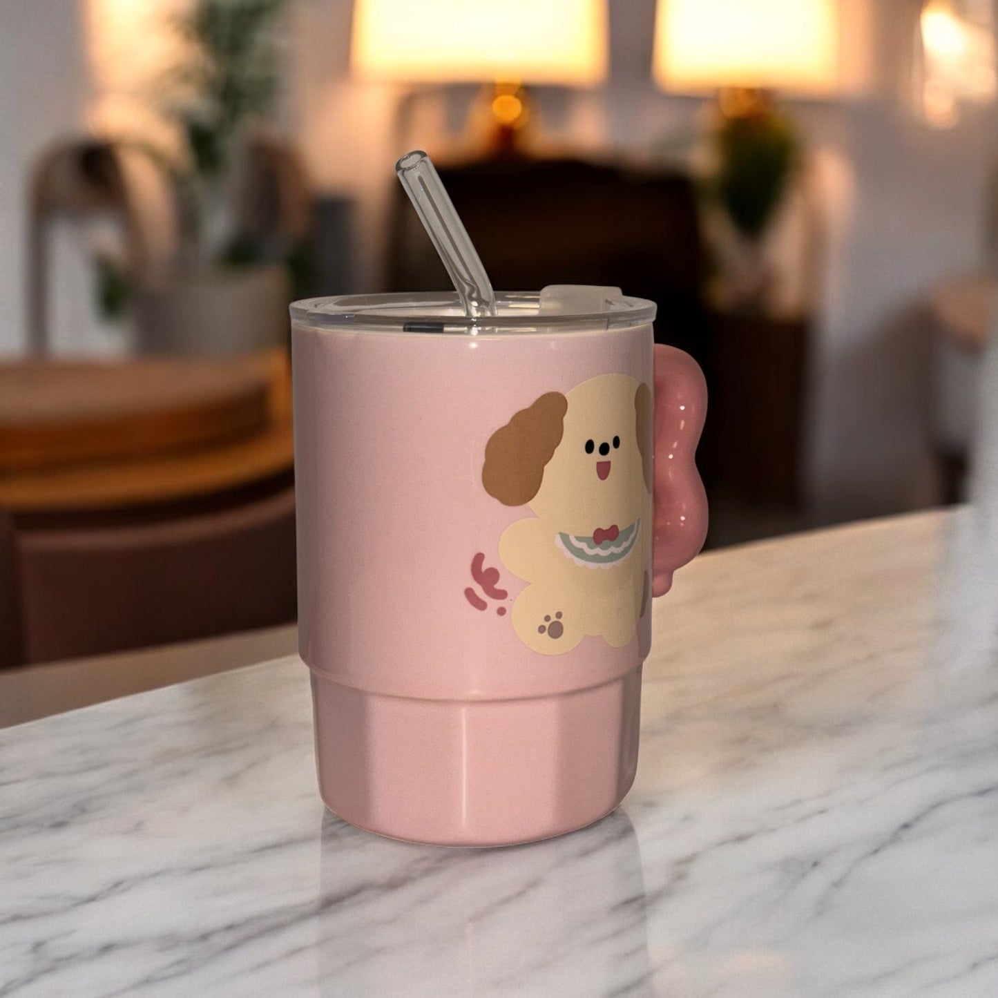 Multipurpose Pink Puppy Ceramic Tumbler (With Straw and Lid)