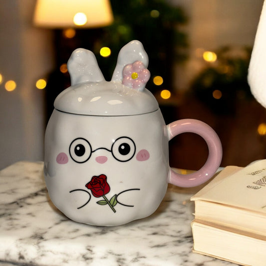 Blush Bunny Ceramic Mug (With Lid) - White