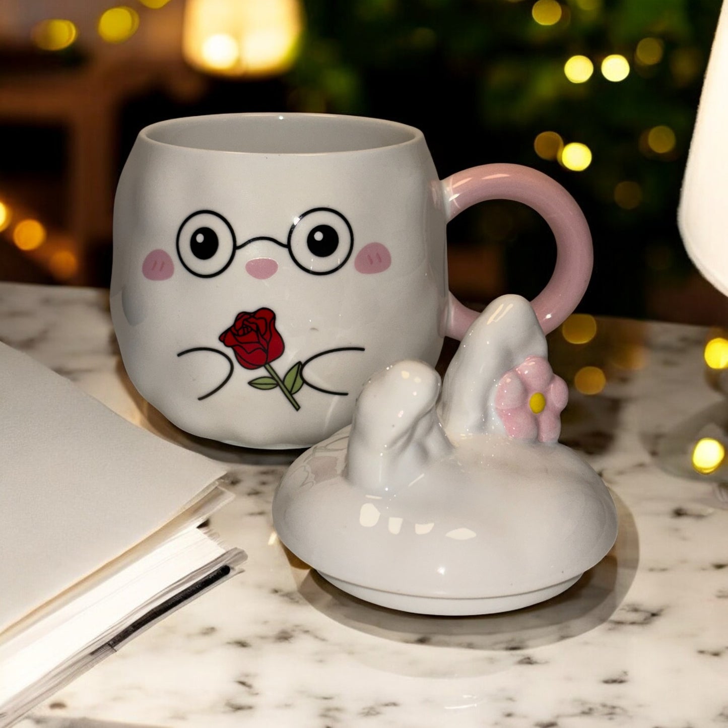 Blush Bunny Ceramic Mug (With Lid) - White