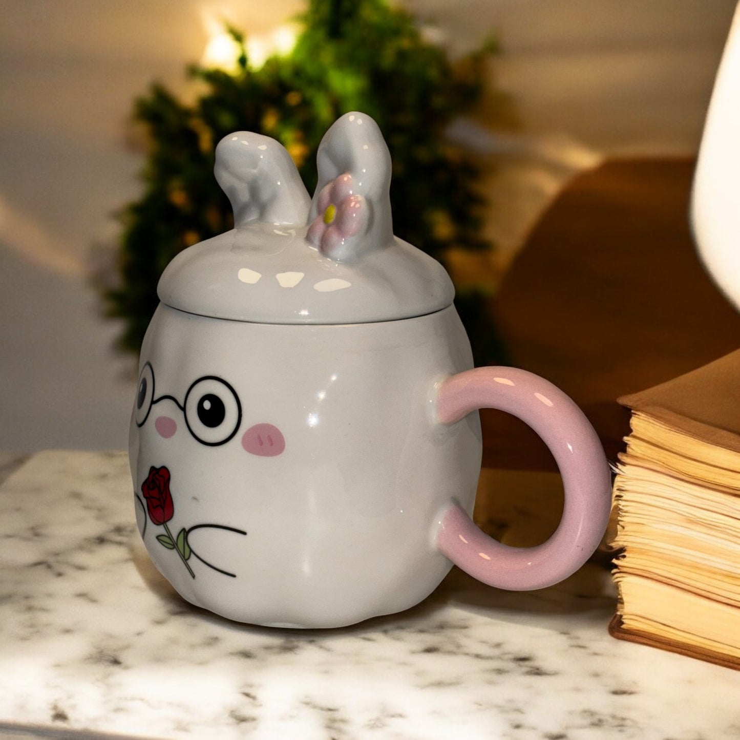 Blush Bunny Ceramic Mug (With Lid) - White