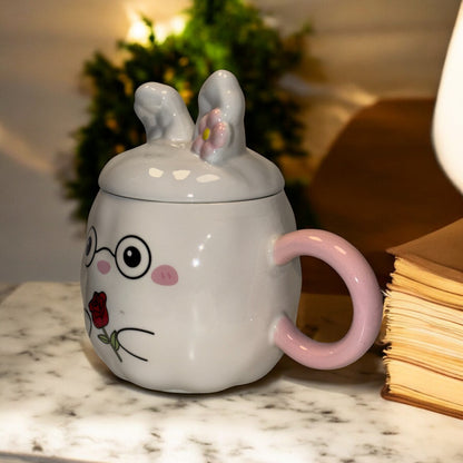 Blush Bunny Ceramic Mug (With Lid) - White