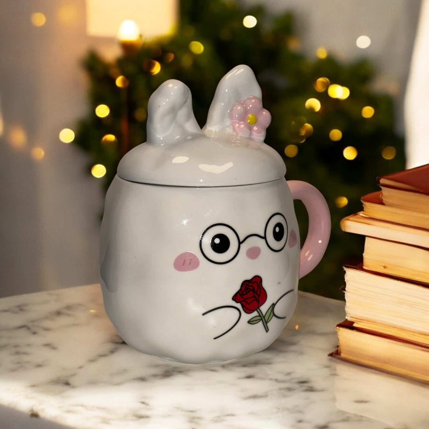 Blush Bunny Ceramic Mug (With Lid) - White