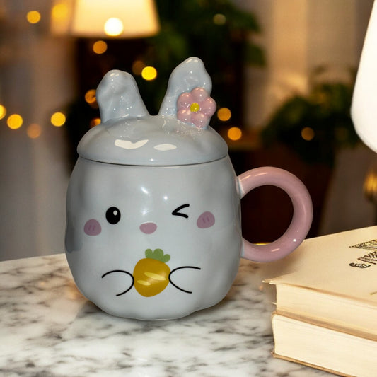 Blush Bunny Ceramic Mug (With Lid) - Blue