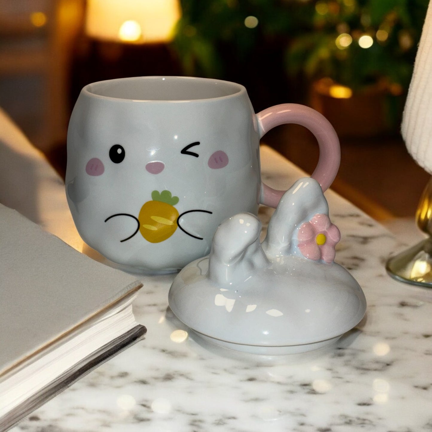 Blush Bunny Ceramic Mug (With Lid) - Blue