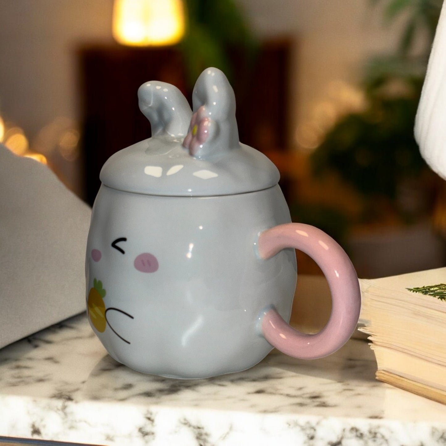 Blush Bunny Ceramic Mug (With Lid) - Blue