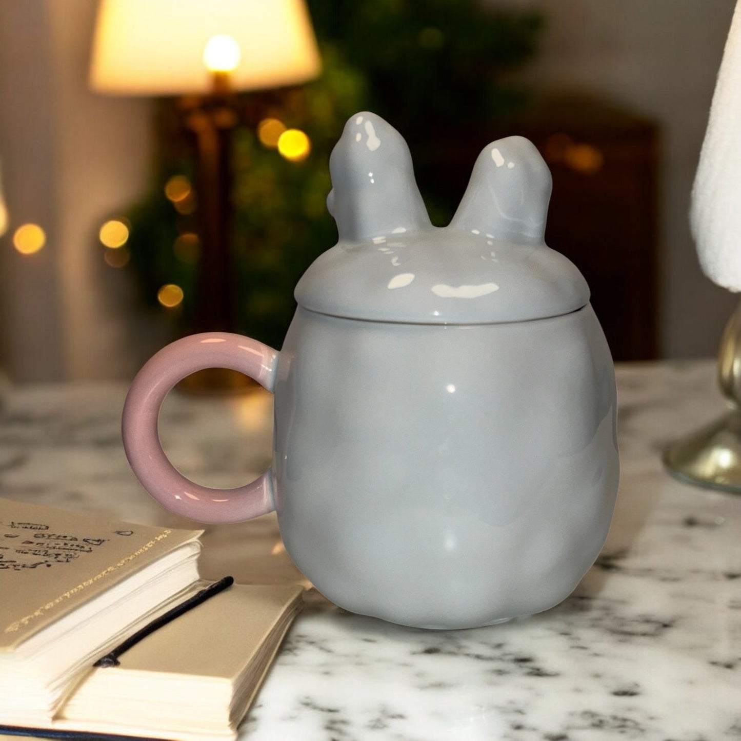 Blush Bunny Ceramic Mug (With Lid) - Blue