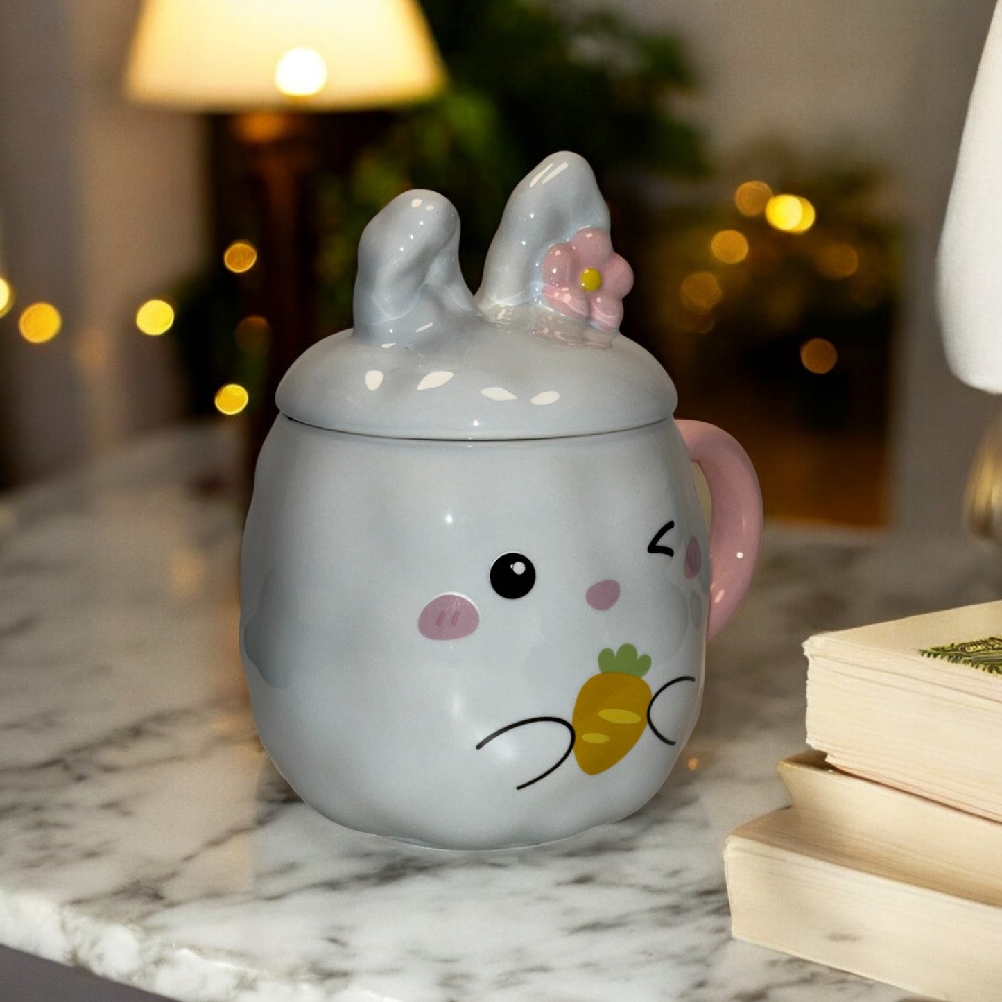 Blush Bunny Ceramic Mug (With Lid) - Blue