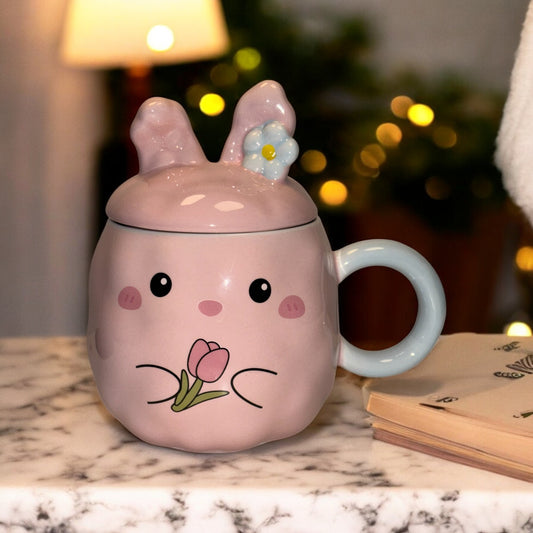 Blush Bunny Ceramic Mug (With Lid) - Pink