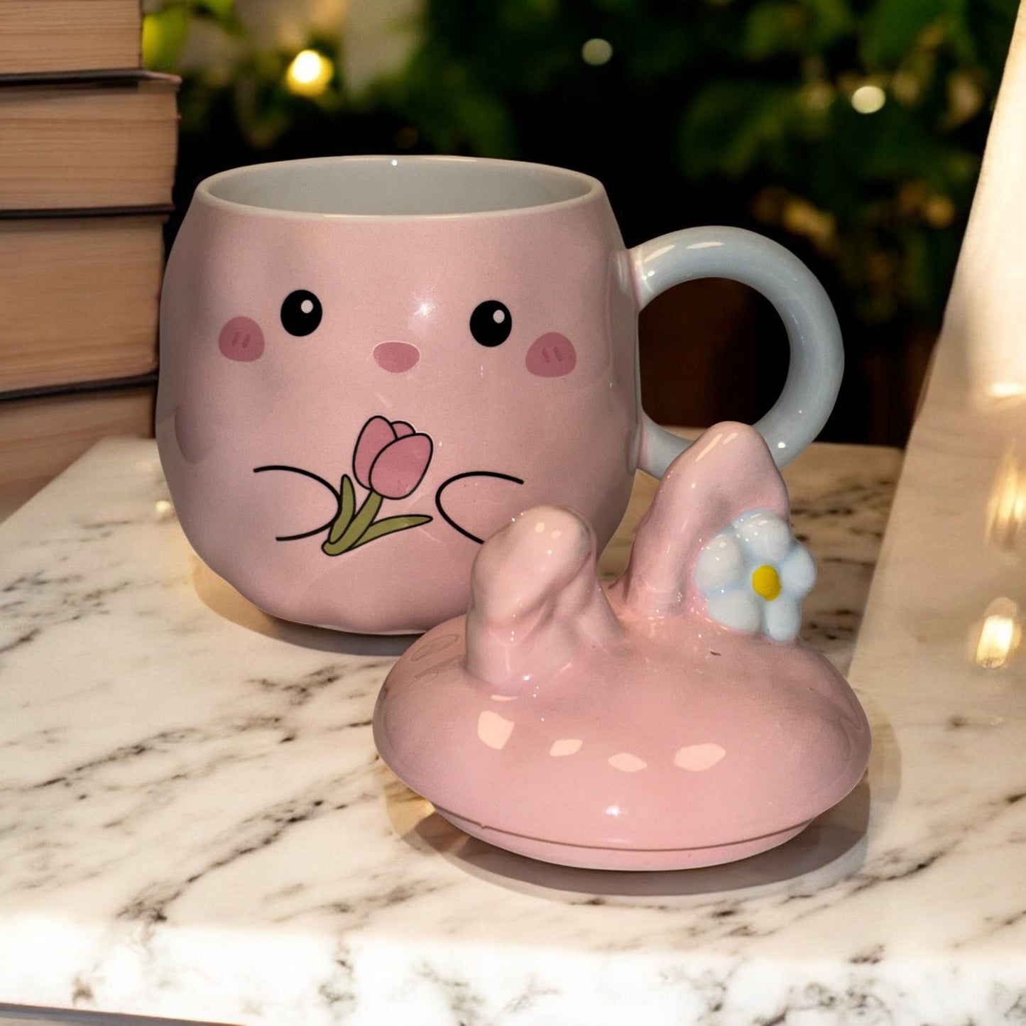Blush Bunny Ceramic Mug (With Lid) - Pink