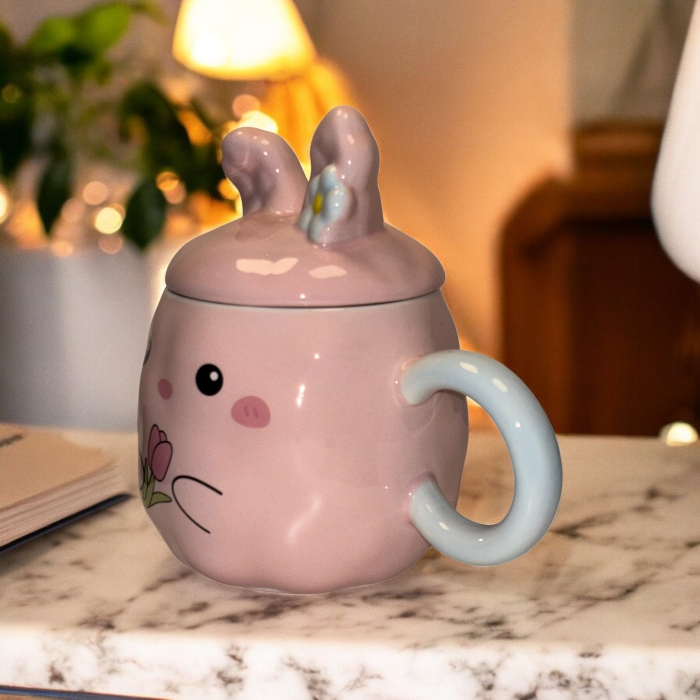 Blush Bunny Ceramic Mug (With Lid) - Pink
