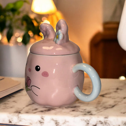 Blush Bunny Ceramic Mug (With Lid) - Pink