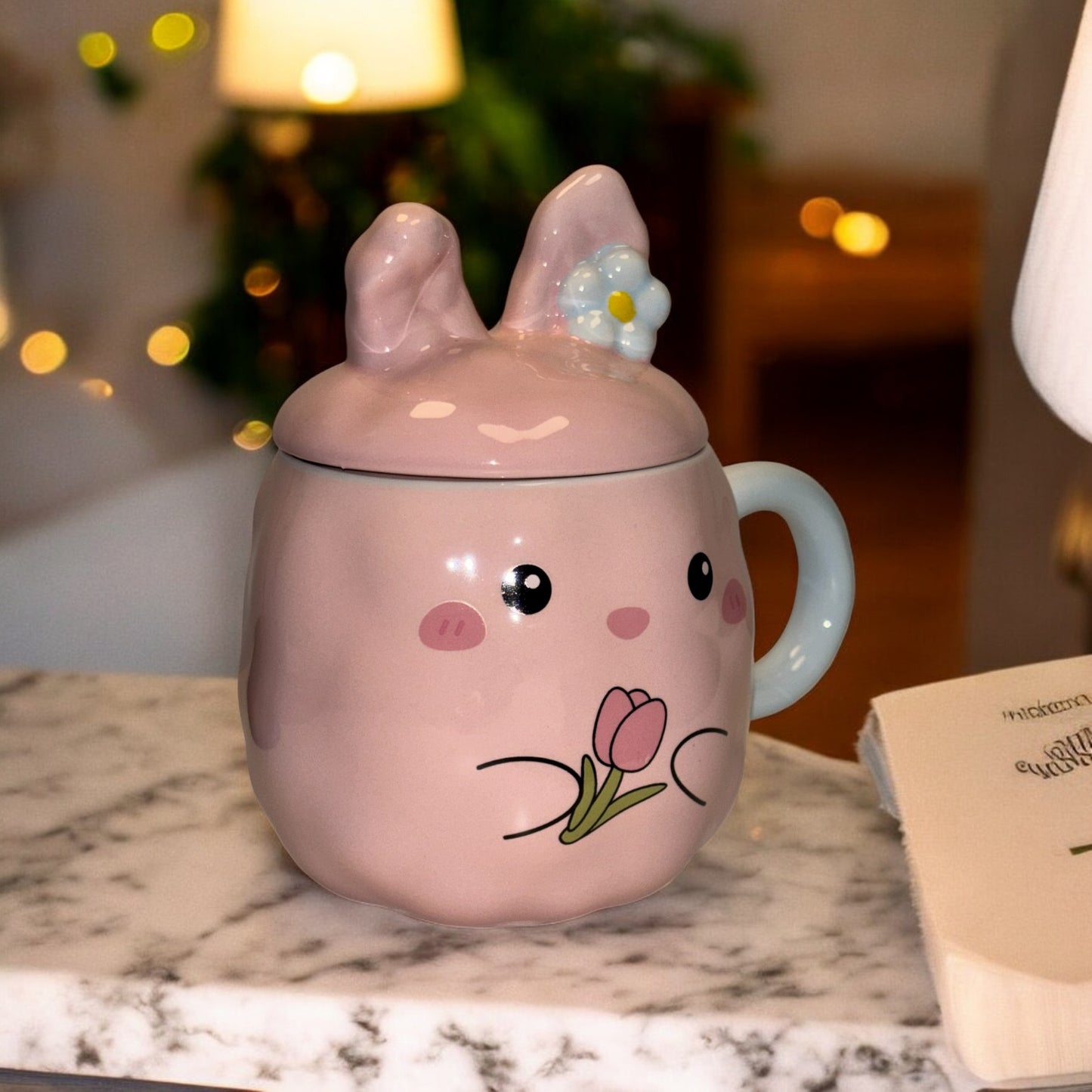 Blush Bunny Ceramic Mug (With Lid) - Pink