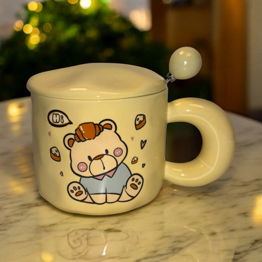 Tiny Greets Ceramic Mug (With Spoon and Lid) - Teddy