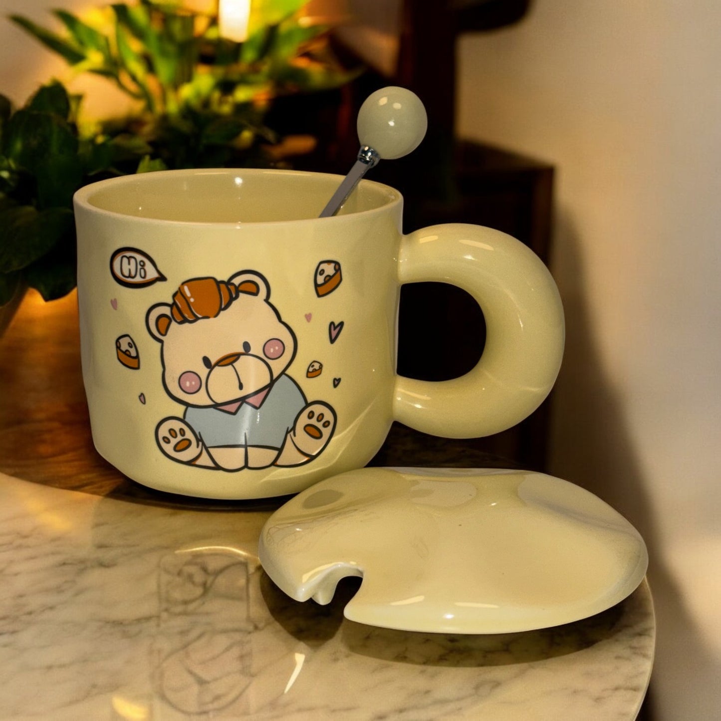 Tiny Greets Ceramic Mug (With Spoon and Lid) - Teddy