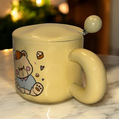 Tiny Greets Ceramic Mug (With Spoon and Lid) - Teddy