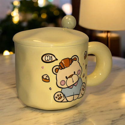 Tiny Greets Ceramic Mug (With Spoon and Lid) - Teddy