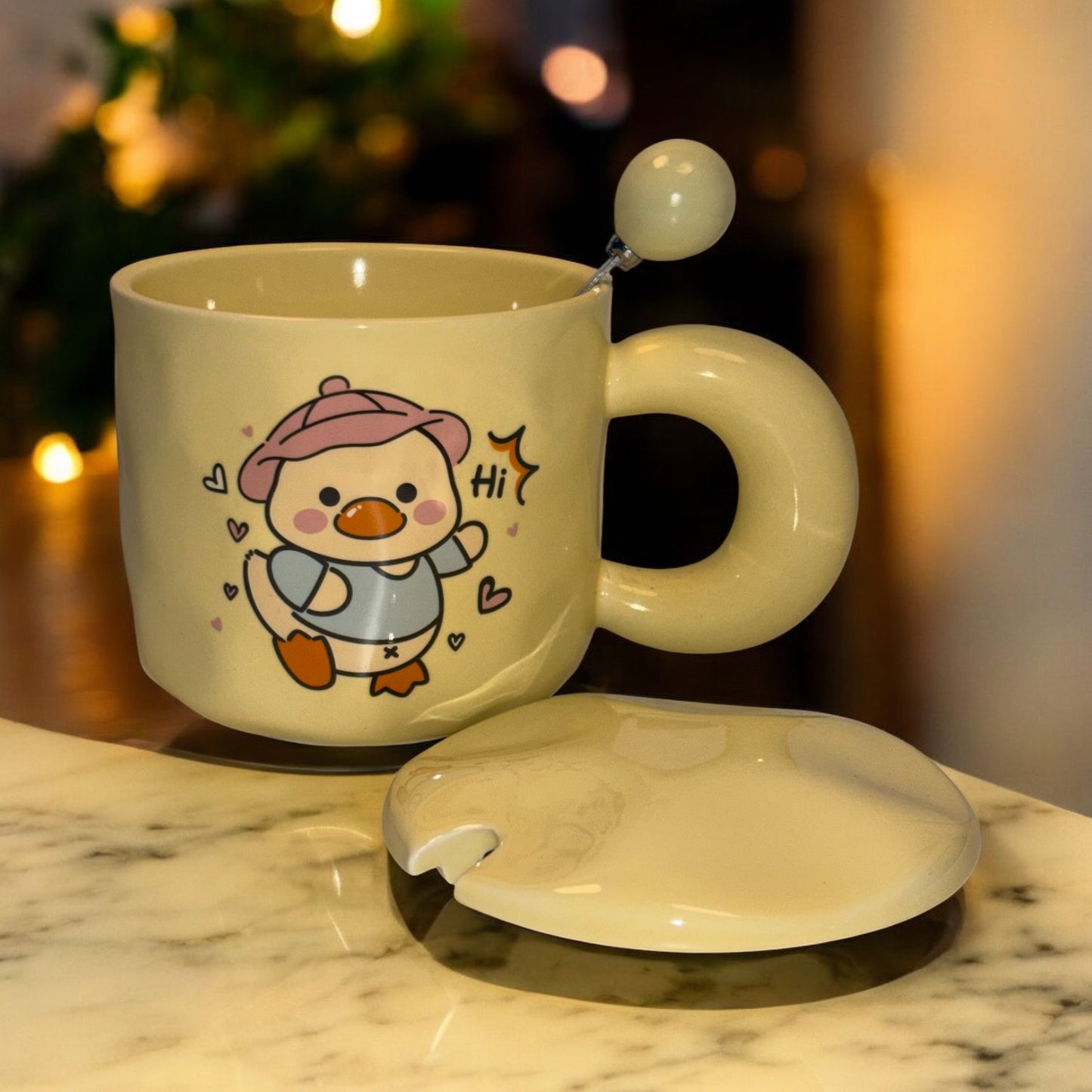 Tiny Greets Ceramic Mug (With Spoon and Lid) - Duck
