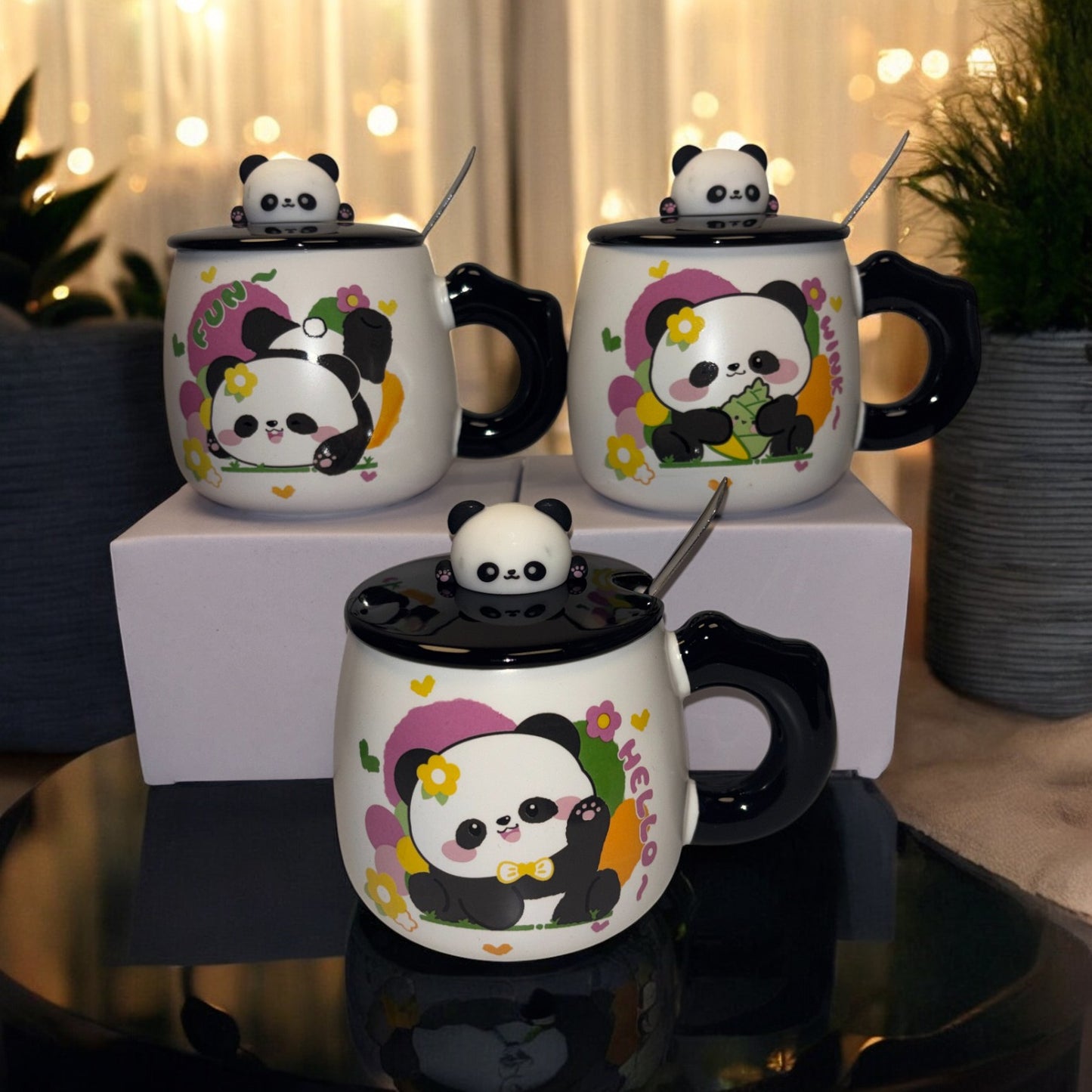 Panda Petals Ceramic Mug (With Spoon and Lid)