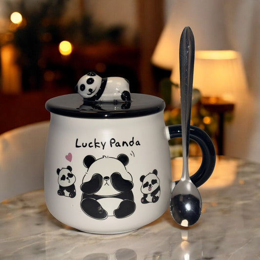 Fortune Panda Ceramic Mug (With Spoon and Lid)