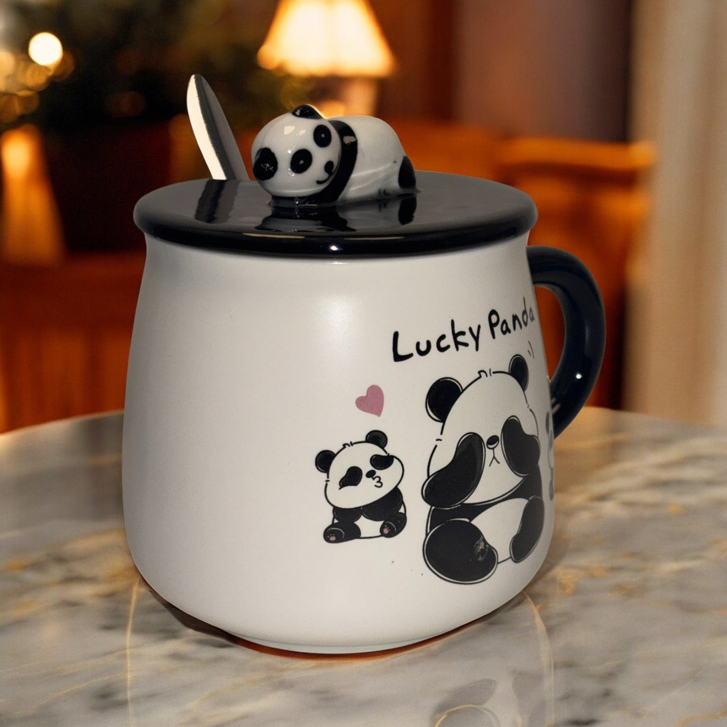 Fortune Panda Ceramic Mug (With Spoon and Lid)