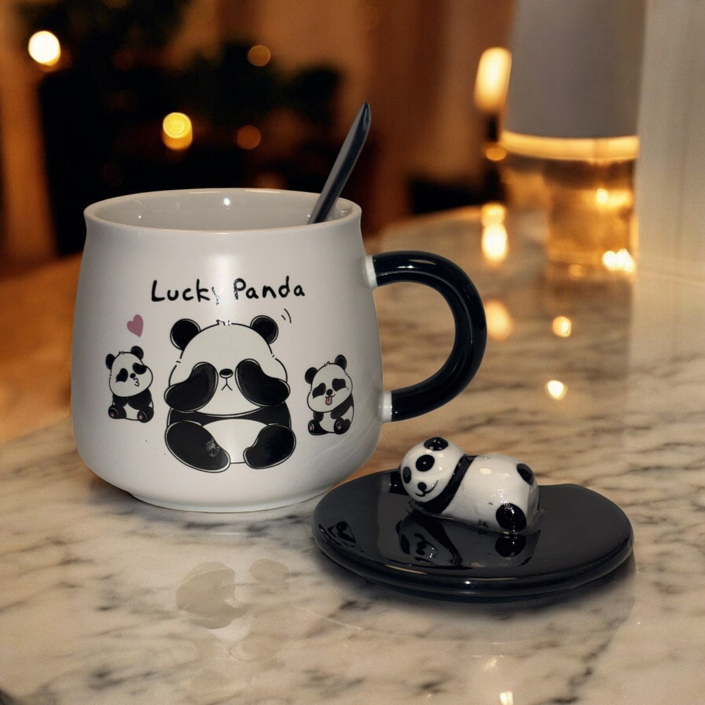 Fortune Panda Ceramic Mug (With Spoon and Lid)